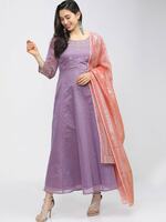 Vishudh Women Mauve Embroidered Ethnic Maxi Dress With Dupatta