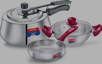 Prestige Nakshatra Cute Svachh 3 L Stainless Steel Inner Lid Pressure Cooker + Platina Popular 22 cm (2.25 L) Kadai with Glass Lid and Platina Popular 22 cm (1.9 L) Fry Pan Kitchen Set (Silver)