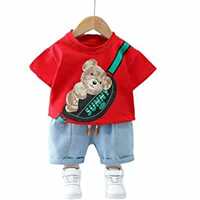 Googo Gaaga Boy's Cotton Printed T-Shirt with Denim Shorts Set in Red Color