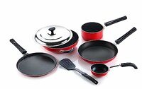 Crystal Classic Series 7-pc Non-Stick Cookware Set, PFOA Free, Tawa, Vagariya, Kadhai with SS Lid, Fry Pan, Sauce Pan, 1 Spatula, Red