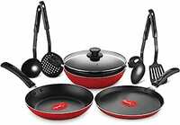 Pigeon Mio Nonstick Aluminium Cookware Gift Set, Includes Nonstick Flat Tawa, Nonstick Fry Pan, Kitchen Tool Set, Nonstick Kadai With Glass Lid, 8 Pieces Kitchen Set (Red)