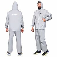 HACER Mustang Raincoat with Hood Water Resistant Rainsuit Adjustable Drawstring Hem Set of Top & Bottom Barsaati Universal Rainwear Side Pockets Packed in Storage Bag (Universal, Silver)