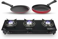 Lifelong Gas Stove Combo - 3 Burner Gas Cooktop + Flat tawa + Fry Pan Top Glass Manual Gas Stove  (3 Burners)