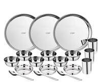 SPRINGWAY - Brand of Happiness Stainless Steel Thali Bhojan Set of Dinner Plate, Halwa Plate, Katori Bowl, Glass, Spoon (Silver) (Set of 18) 