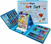 Shuban 208 PCS Art Supplies Drawing Kit for Kids Adults with Double Sided Trifold Easel, Oil Pastels, Crayons, Colored Pencils, Watercolor Pens Gift for Girls Boys Artist (Blue)