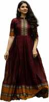Printed Cotton Blend Stitched Flared/A-line Gown  (Maroon)