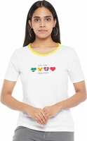 Women Printed Round Neck Pure Cotton White T-Shirt Size - L