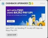 Get Upto ₹251 cash back on sending ₹1 to any UPI app via Bajaj pay UPI