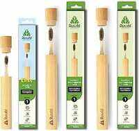 Rusabl Organic Bamboo Toothbrush with Bamboo Case for Adults & Kids, Travel-Friendly, Charcoal Activated Soft Bristles, Biodegradable & Anti-Bacterial, Eco-friendly & Natural (Pack of 3, 2 Adults & 1 Kid)