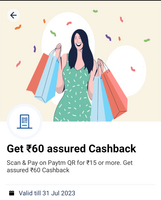 Paytm - Assured ₹60 cashback on Scan & Pay on Paytm QR (user specific)