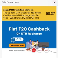 Bajaj Finserv: Get Flat Rs.20 Cashback on Rs.100 DTH Recharge(6-8pm)