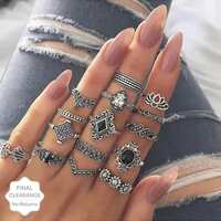 Silver Plated Fifteen Piece Vintage Floral Designs Plushy Ring Set Alloy Silver Plated Ring 