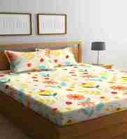 Multicolor Floral 300 TC Cotton Blend Queen Sized Bed Sheets with 2 Pillow Covers, By Klotthe