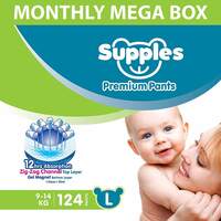 [15% off Coupon ] Supples Premium Diapers, Large (L), 124 Count, 9-14 Kg, 12 hrs Absorption Diaper Pants