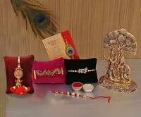 Rakhis for Bhai Bhabhi Brother with Gifts Hamper - Rakhi for Brother Gift Combo - Radha Krishna Idol Showpiece/Premium Kundan Rakhi/Lumba Rakhi/Best Wishes Greeting Card/Rakshabandhan Gifts