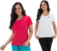 STYLE AK  Pack of 2 Women Solid Round Neck Pure Cotton Pink, White T-Shirt SIZE - M (MEDIUM)
