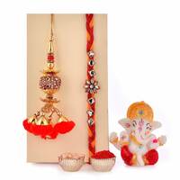 CraftVatika Rakhi Gift for Brother Bhabhi with Showpiece Combo Gift- Kundan Rakhi, Red Floral Lumba Rakhi for Brother Bhabhi with Figurine