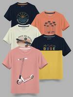 Boys Printed Cotton Blend T Shirt  (Pink, Pack of 5)
