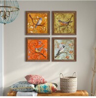 Painting Mantra - Multicolor Jardine Birds Set of 4 Brown Framed Painting,UV Textured Art Prints (10 x 10 inch)