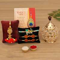 Rakhi for Brother with Gift - Rakhi Gift Combo Set - Rakhi for Bhaiya Bhabhi - Rakshabandhan Gift for Sister- Akhand Crystal Diya Oil Lamp/Krishna Rakhi/Lumba Rakhi/Rudraksh Rakhi/Greeting Card