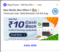 Bajaj Finserv Recharge & bill payment offer: Get Flat Rs.10 cashback on min txn. Rs.100 valid 2 times | 1st- 3rd August 2023