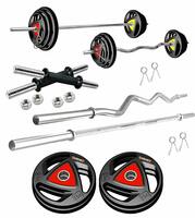Kore Professional 10KG Metal Integrated Rubber Plates Home Gym Set with One 3 Ft Curl + One 4 Ft Plain and One Pair Dumbbell Rods, Multicolor