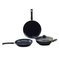 Wonderchef Valencia Non-Stick Cookware 4 Piece Set, Kadhai with Lid, Fry Pan, Dosa Tawa, Induction Friendly Design, Cool Touch Bakelite Handles, Pure Grade Aluminium, PFOA Free, 2 Yrs Warranty, Black