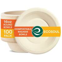 ECO SOUL [475 ML, 100-Pack Compostable Bagasse Bowls | Disposable Eco-Friendly Biodegradable Dinner Bowls | Party, Wedding, Event Bowls
