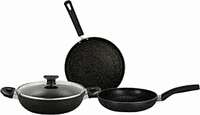 Bergner Essential Plus Non-Stick 4Pc-Cookware Set (Kadhai with Glass Lid 2.6 L, Dosa Tawa 28cm, Fry Pan 24cm) Induction Compatible, Bakelite Handles, PFOA Free, Black