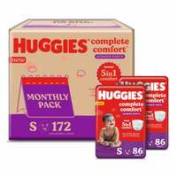 Huggies Complete Comfort Wonder Pants, Small (S) Size Baby Diaper Pants, Combo Pack of 2, 86 count Per Pack, (172 count) with 5 in 1 Comfort
