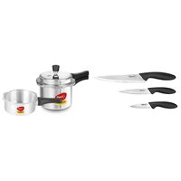 Pigeon by Stovekraft Mini Combi Aluminium Cookware Set, 2-Pieces (2+3 litres), Silver & Stainless Steel Kitchen Knives Set, 3-Pieces, Multicolour Combo