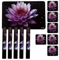 Kuber Industries Lotus Printed PVC Stain Resistant, Anti-Skid, Waterproof 6 Pcs Placemats with 6 Pcs Tea Coasters Set for Dining Kitchen Restaurant Table, Set of 12 (Black)