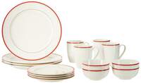  Solimo Ceramic 16 Piece Dinner Set | 4 Dinner Plates, 4 Quarter Plates, 4 Mugs & 4 Small Bowls | Red Strip Design