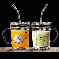 IndusBay 2 Pieces Cartoon Printed Milk Glass Sipper Jar Silicone Straw & Lid 300ML Glass Mason Jar on Flipkart
