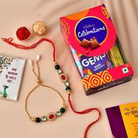CraftVatika Bhaiya Bhabhi Rakhi Chocolate Gift Combo, Premium Rakhi Set of 2 for Brother Bhabhi with Pooja Coin and Cadbury Celebration Chocolate Box, Bracelet Rakhi for Bhabhi