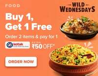 Swiggy Wild Wednesdays | Buy 1 Get 1 Free + Extra Rs.50 discount on Rs.249 using Kotak Cards (Twice per week)