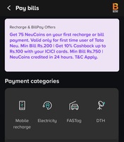 10% cashback on Tata neu bill payment via ICICI cards. Min transaction 750.