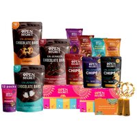 Open Secret Snacks Hamper Gift Combo Box | Dark Caramel Coconut Chocolate, Brownie, Assorted Cookies Biscuits, Chips, Nuts Combo, Fancy Lights, Card | Healthy Special Hamper Snacks Combo Box