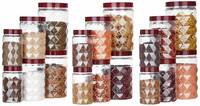 Amazon Brand - Solimo Plastic Pet Storage Jar and Container, Set of 18 (6 pcs x 300 ml, 6 pcs x 600 ml, 6 pcs x 1.2 ltrs Each), Red Wine | Air Tight | Kitchen Organiser | BPA Free | Stackable