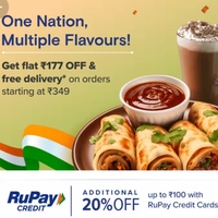 Swiggy: Get Flat Rs.177 OFF + Free Delivery on Min. Rs.349 Orders + 20% OFF with Rupay CC (on Txn. above Rs.249)