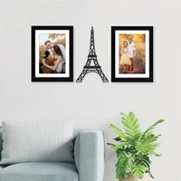 Set Of 2 Collage Photo Frames, Black Engineered Wood With Eiffel Tower Plaque, By Random