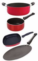 Nirlon Non Stick Combo Aluminium Cookware 4 Pieces Set, Red & Black (1 Concave Tawa 27.5cm /1 Sauce Pan (M)1.2 LTR/1 Grill Pan 22.5cm/1 Casserole 3.1 LTR) (CT11_SP(M)_GP22.5_CS24)