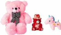 nkl Soft Lovable Teddy Bear Pink 3 feet (90 cm) +1 Feet Cap Teddy 30 red + Baby Unicorn Pink 30cm