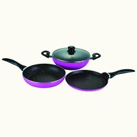 Wonderchef Athena Aluminium Non-Stick Cookware Set of 4 | Kadhai with Glass Lid 24cm, Fry Pan 24cm & Dosa Tawa 25cm | Induction Friendly Cookware | Cool Touch Bakelite Handle | Pure Grade Aluminium | PFOA Free | 2 Year