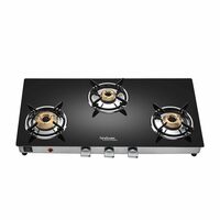 Hindware ARMO Plus 3 Burner Glass Gas Stove with Scratch Resistant Powder Coated Body and Highly Efficient Brass Burners (Black & Silver, Auto-Ignition Cooktop)