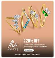 Mia by Tanishq Brand Days up to 20% off + 5% off with Code + 10% Bank Offers | 22nd - 24th August