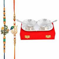 Piepot | Rakhi for Brother and Bhabhi with German Silver Bowl Set, Silver Gift Serving Sweets, Dry Fruits Nuts with Red Velvet Box (2 Bowl Set with Rakhi)