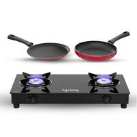 Lifelong LLCMBGS02 Manual Ignition 2 Burner Glass Top Gas stove For LPG Use with Dosa Tawa and Fry Pan combo (Black)