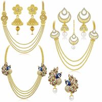 Sukkhi Gorgeous Pearl Gold Plated Wedding Jewellery Kundan Peacock Meenakari Multi-String Necklace Set Combo For Women (457CB2700) [Apply ₹10 Coupon]