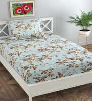 Blue Floral 130 TC Poly Cotton Single Bed Sized Bed Sheets With 1 Pillow Cover